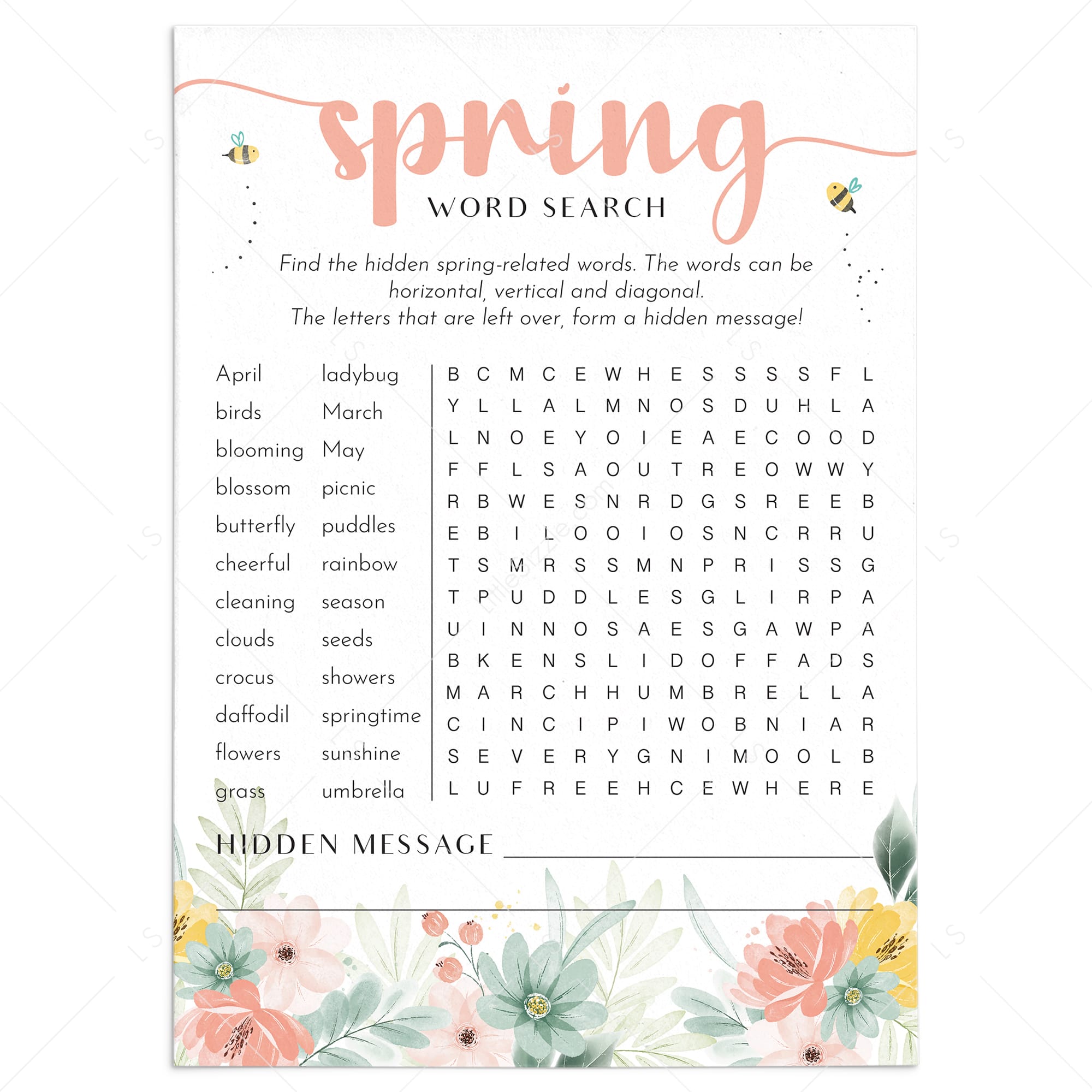 Spring Word Search with Hidden Message Printable by LittleSizzle