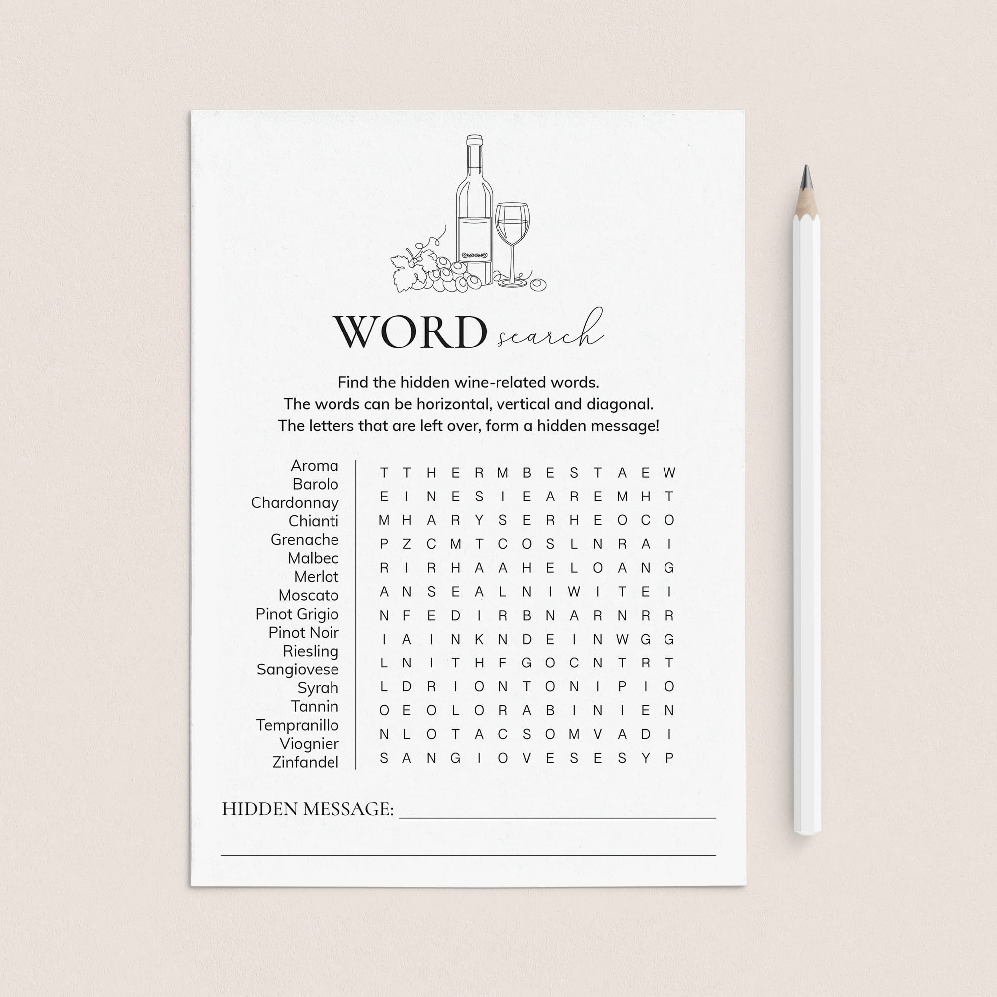 Wine Party Word Find Game with Answer Sheet by LittleSizzle