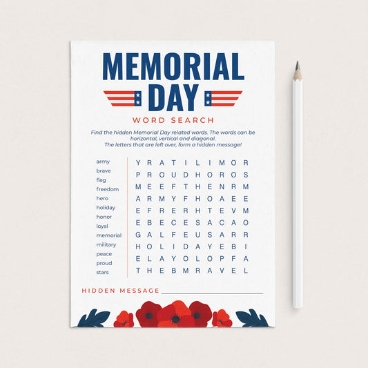 Memorial Day Word Search with Hidden Message Printable by LittleSizzle