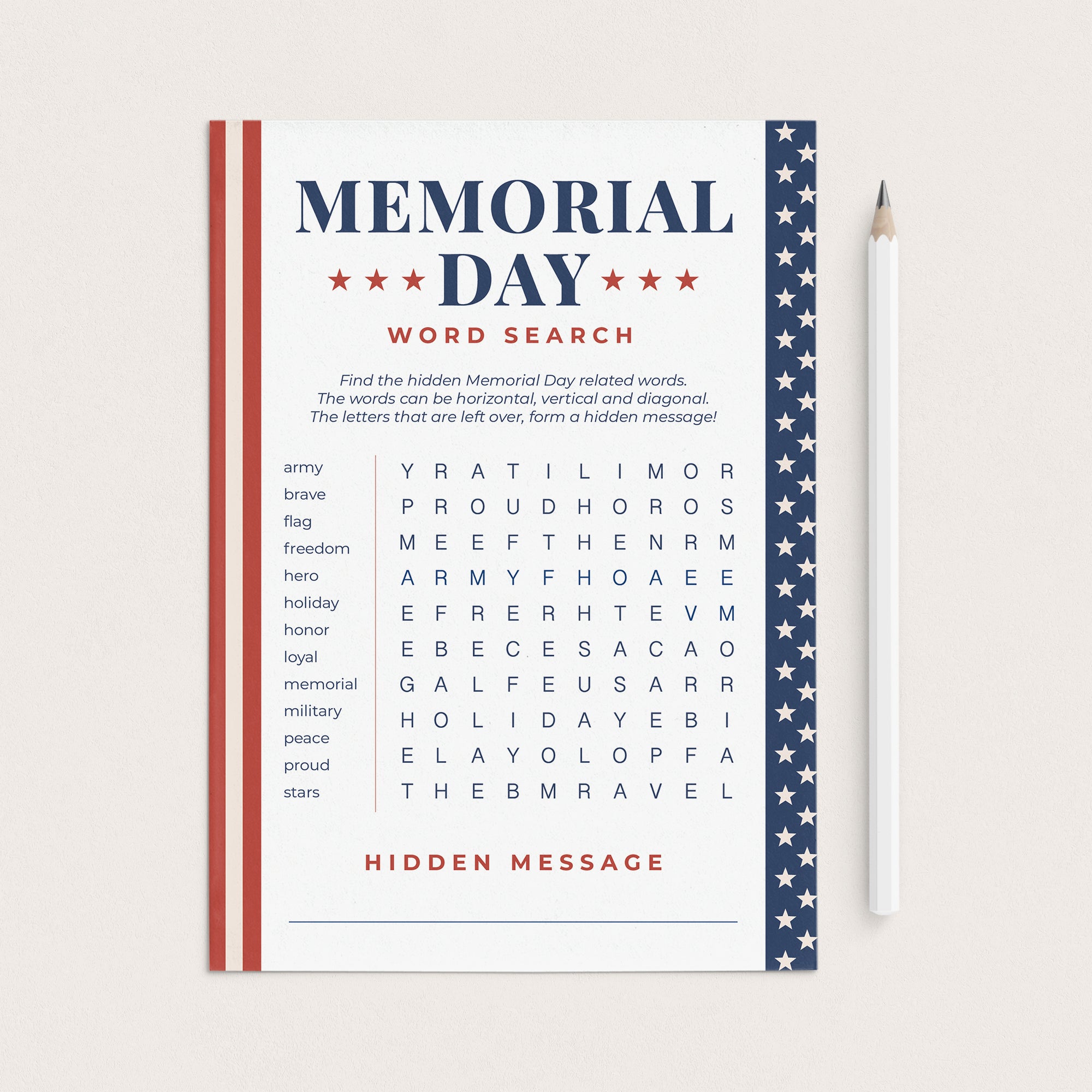 Memorial Day Word Search with Answer Key Printable by LittleSizzle