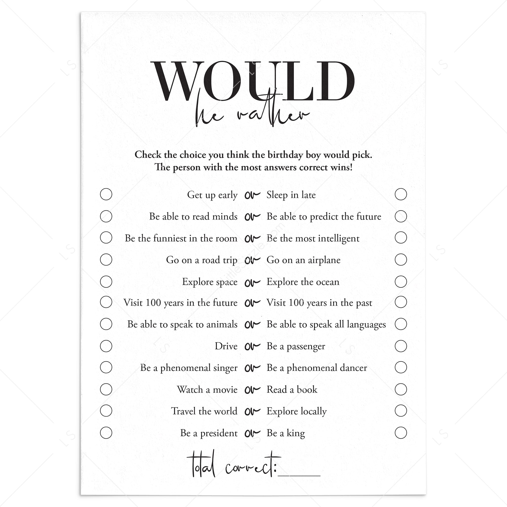Birthday Would He Rather Game Printable by LittleSizzle
