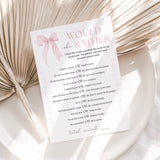 Baby Shower Would She Rather Game Pink Bow Theme