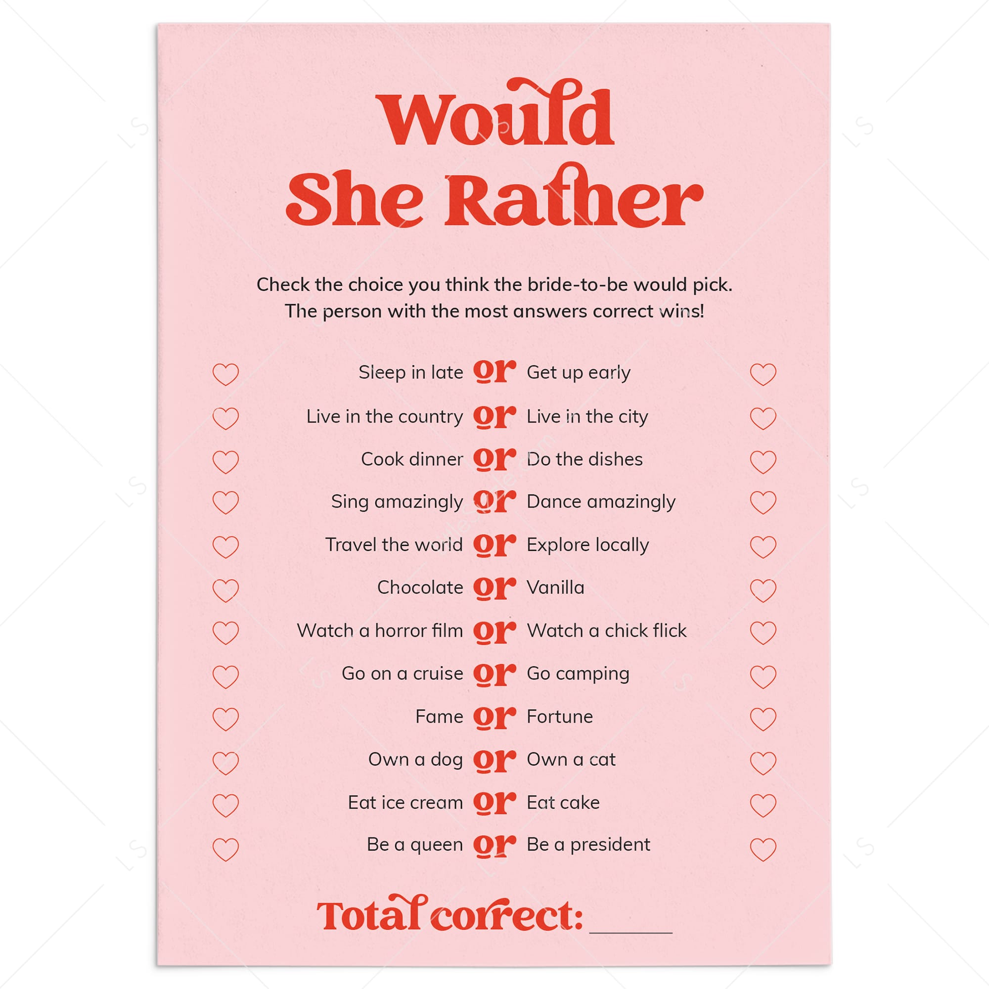 Would She Rather Bridal Shower Game Pink and Red Printable by LittleSizzle