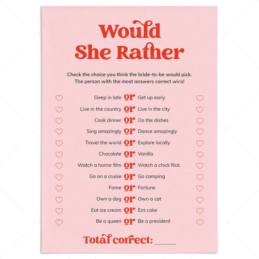 Would She Rather Bridal Shower Game Pink and Red Printable by LittleSizzle