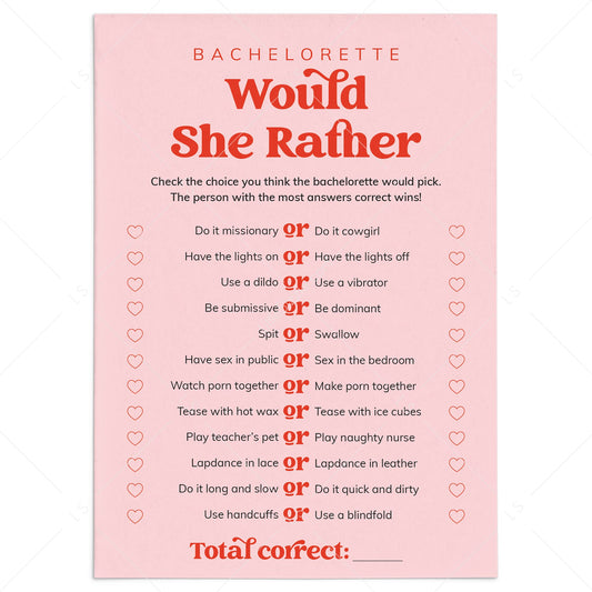 Would She Rather Bachelorette Party Game Pink and Red by LittleSizzle