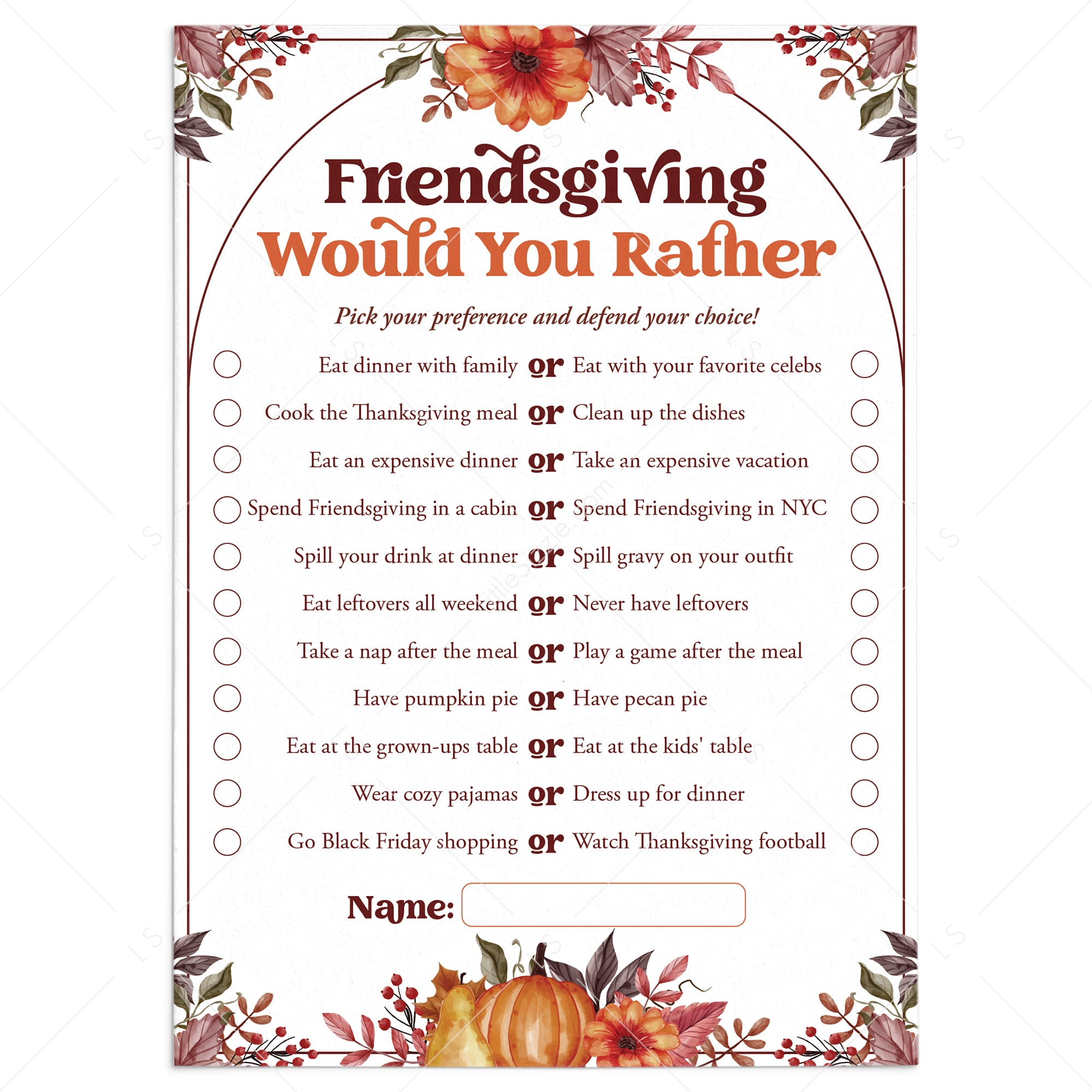 Friendsgiving Would You Rather Questions Printable by LittleSizzle