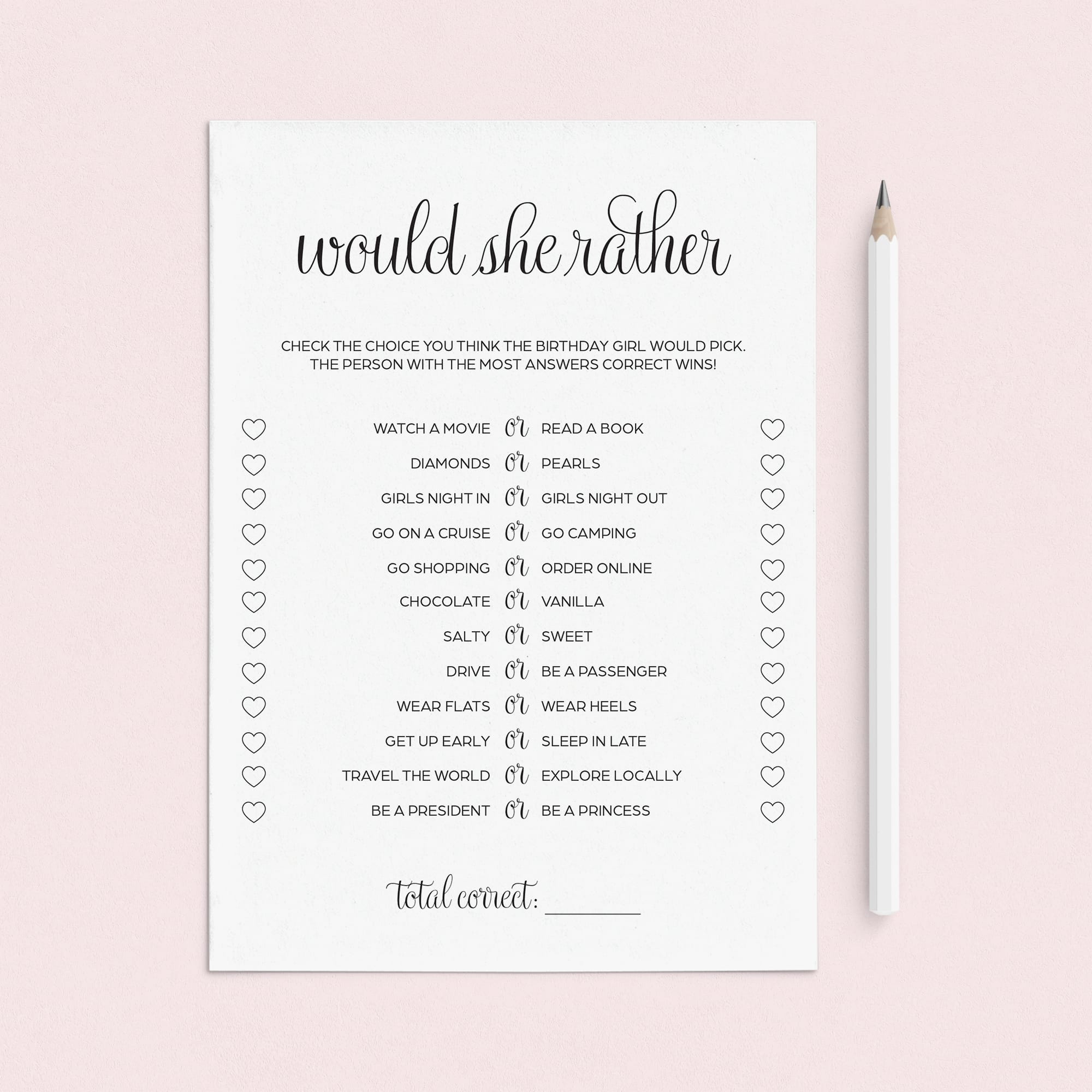 Birthday Would She Rather Printable Black & White by LittleSizzle