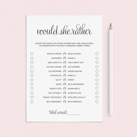 Birthday Would She Rather Printable | Black & White – LittleSizzle