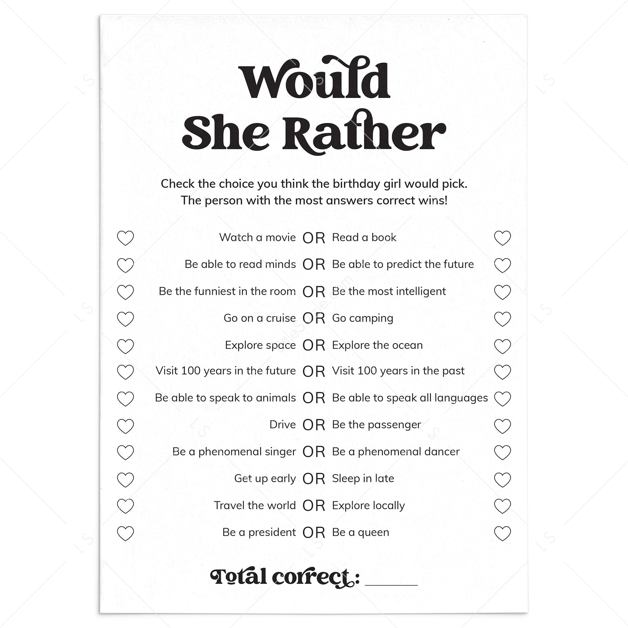 Would She Rather Questions Birthday Party Game Printable by LittleSizzle