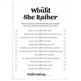 Would She Rather Questions Birthday Party Game Printable by LittleSizzle
