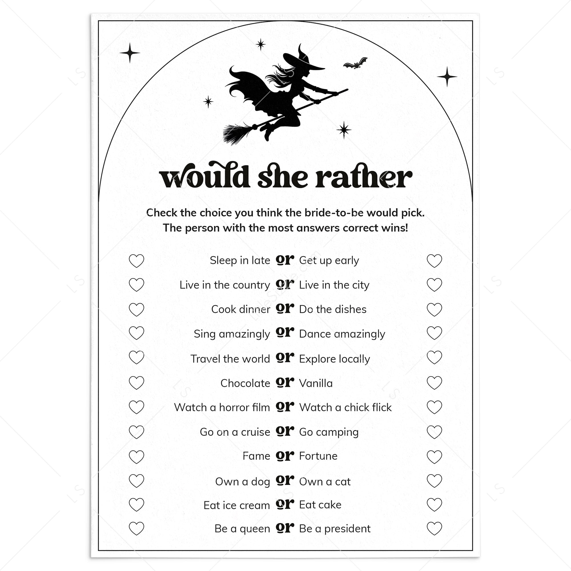 Let's Go Witches Bridal Shower Game Would She Rather Digital Download by LittleSizzle