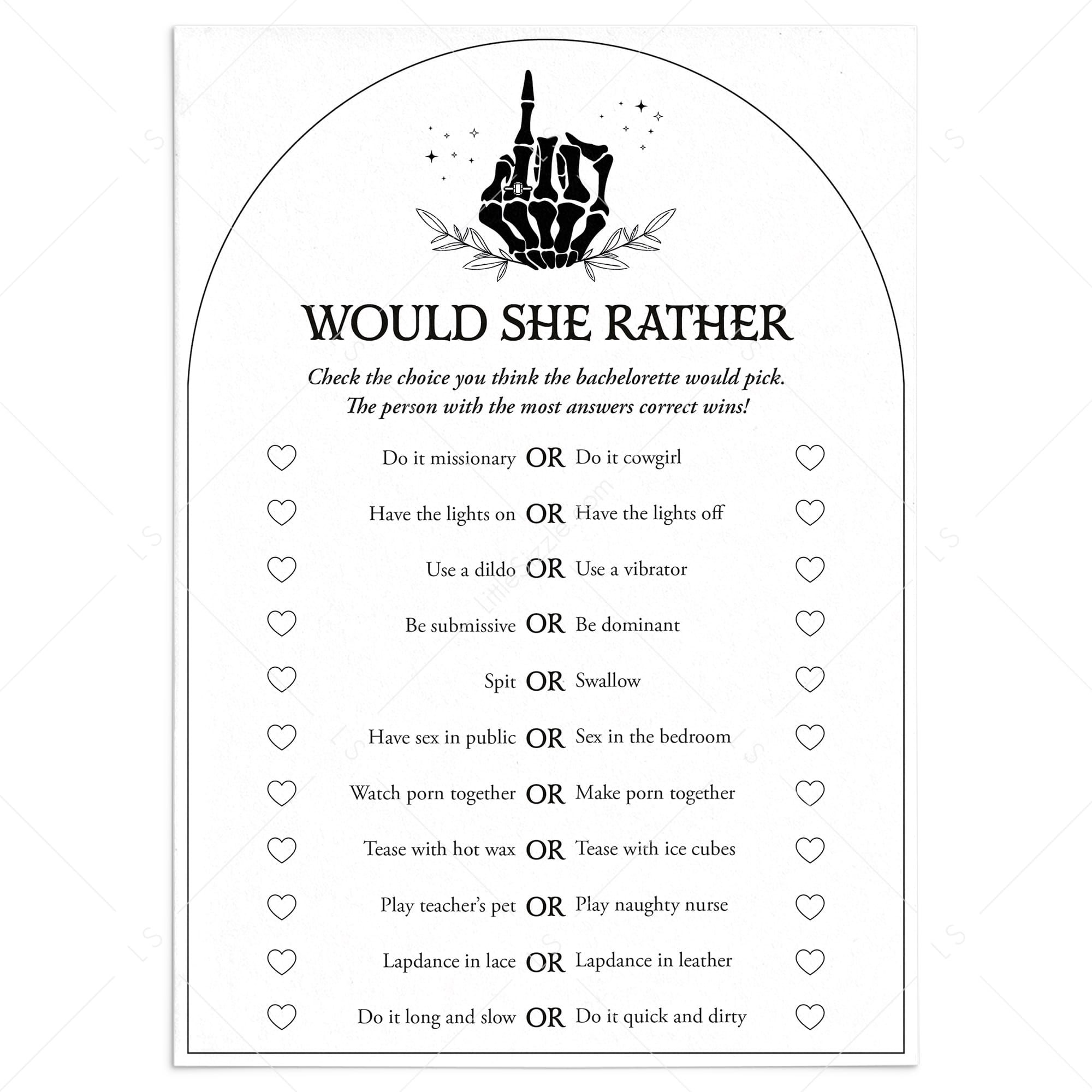 Bachelorette Would She Rather Questions Bride or Die Theme Printable by LittleSizzle