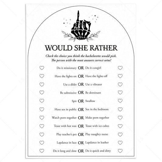Bachelorette Would She Rather Questions Bride or Die Theme Printable by LittleSizzle
