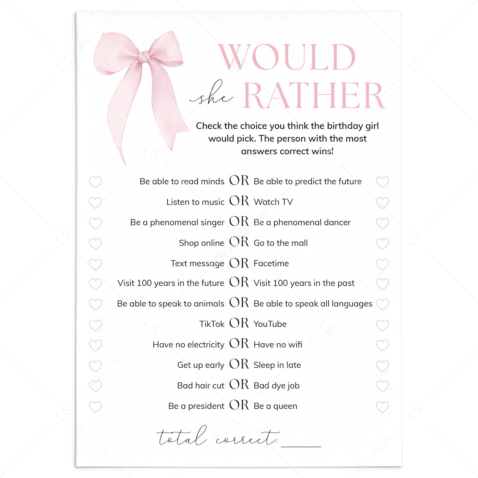 Teen Would She Rather Birthday Party Game with Pink Bow by LittleSizzle