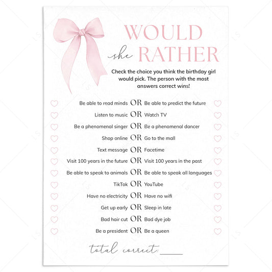 Teen Would She Rather Birthday Party Game with Pink Bow by LittleSizzle
