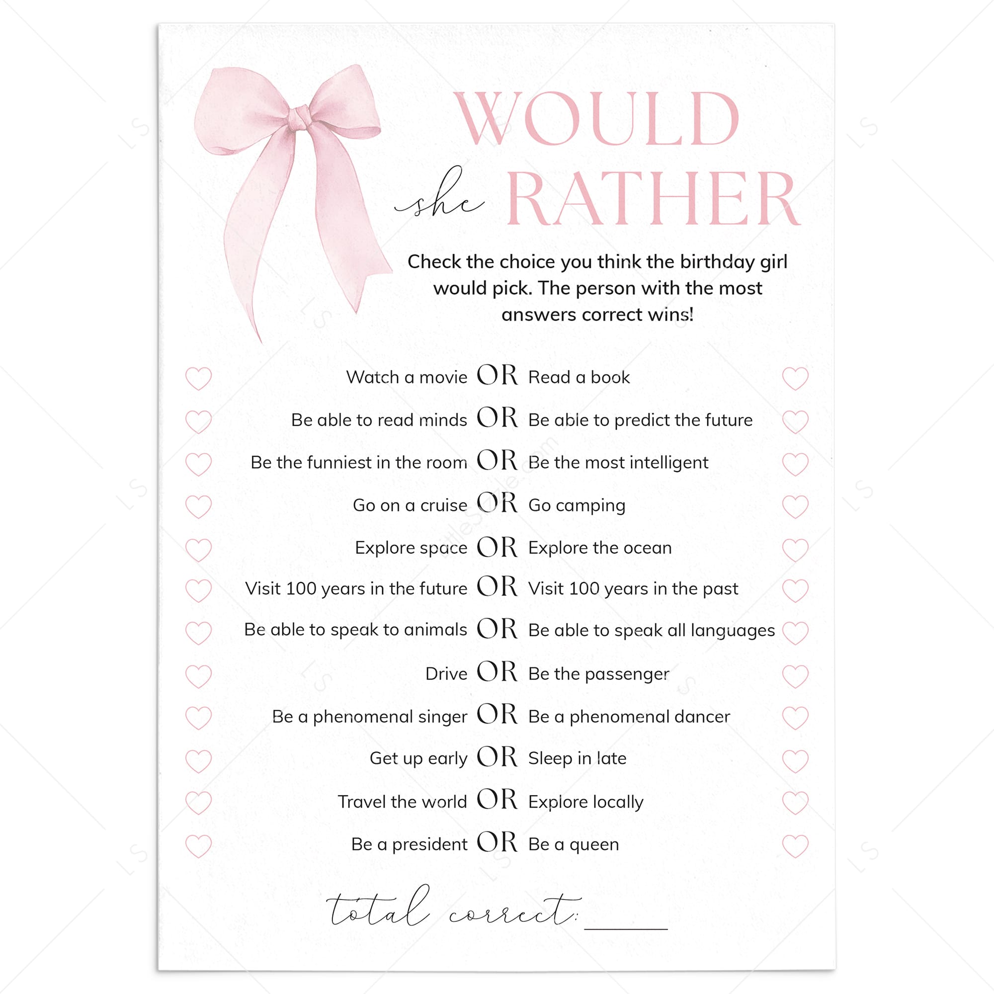 Would She Rather Printable Bow Birthday Party Game by LittleSizzle