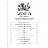 Skull Bridal Shower Would She Rather Game Instant Download by LittleSizzle