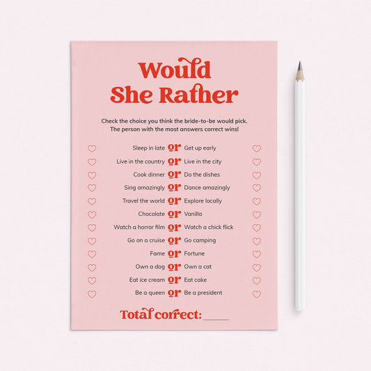Would She Rather Bridal Shower Game Pink and Red Printable by LittleSizzle