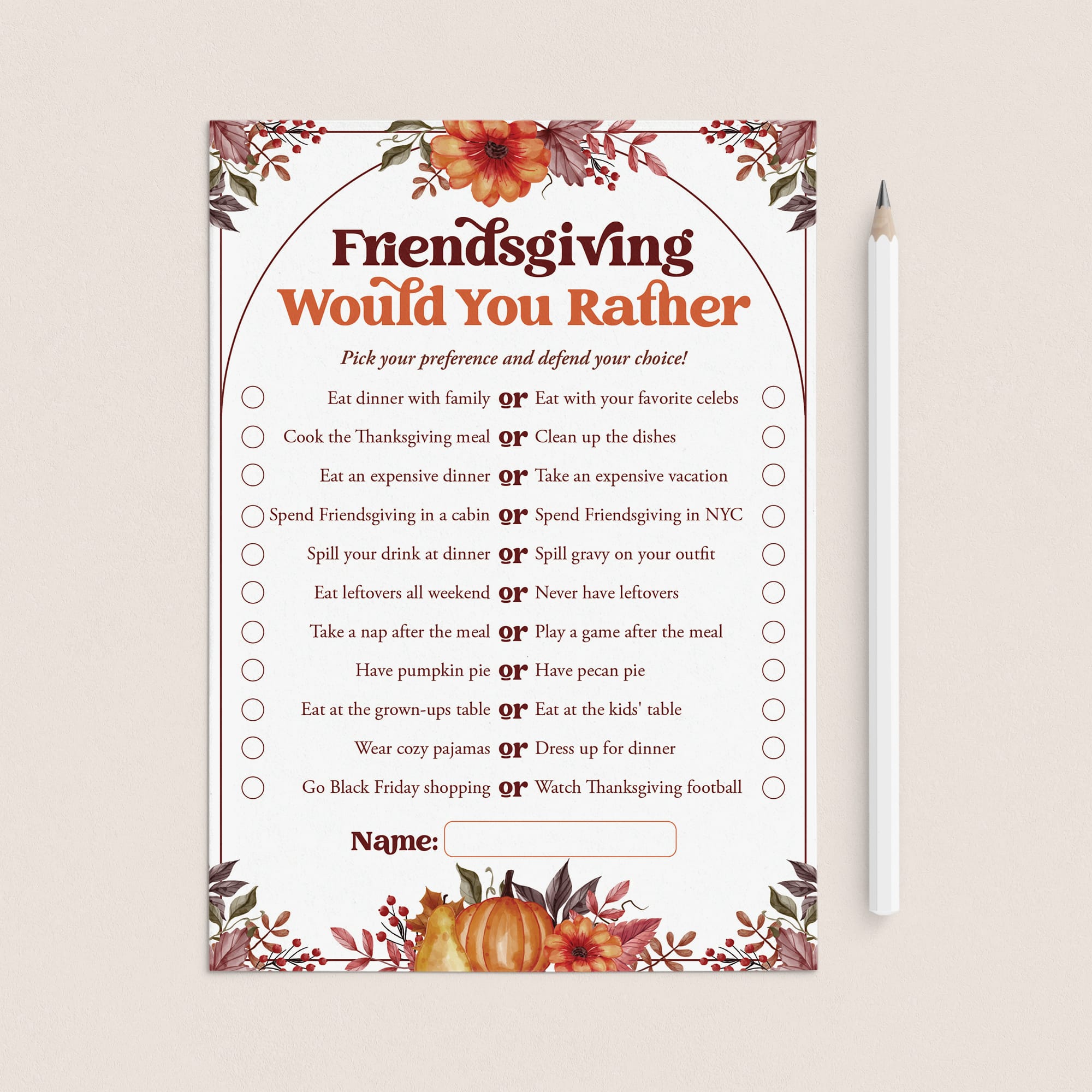 Friendsgiving Would You Rather Questions Printable by LittleSizzle