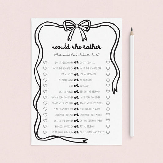 Dirty Would She Rather Bachelorette Game Printable by LittleSizzle