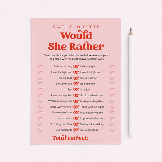 Would She Rather Bachelorette Party Game Pink and Red by LittleSizzle