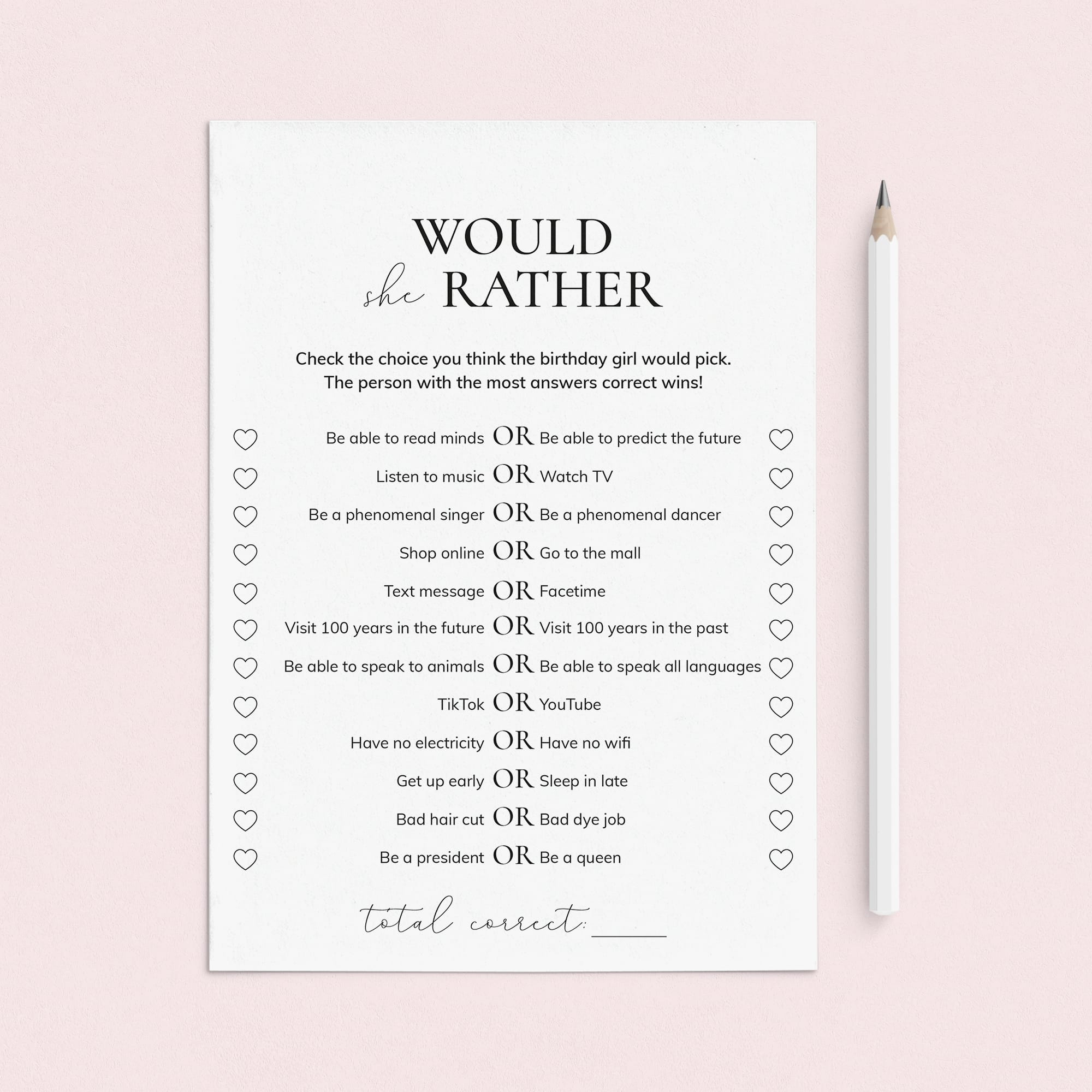 Printable Would She Rather Birthday Game for Teen Girl by LittleSizzle