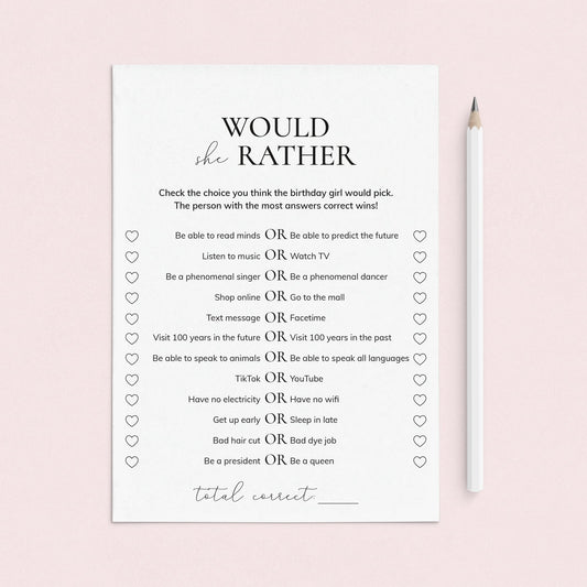 Printable Would She Rather Birthday Game for Teen Girl by LittleSizzle
