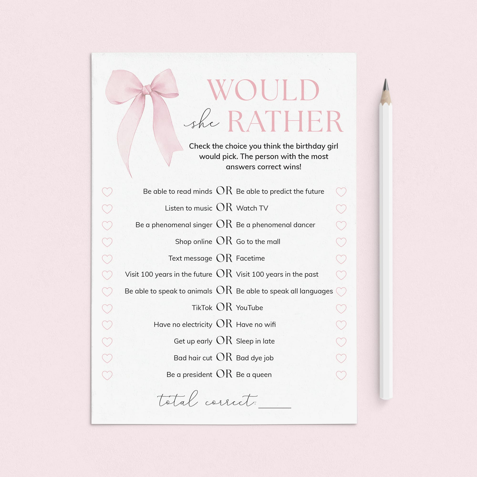 Teen Would She Rather Birthday Party Game with Pink Bow by LittleSizzle