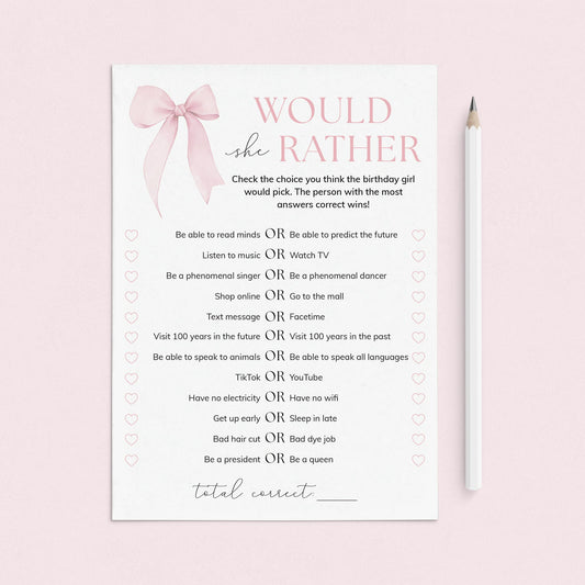 Teen Would She Rather Birthday Party Game with Pink Bow by LittleSizzle