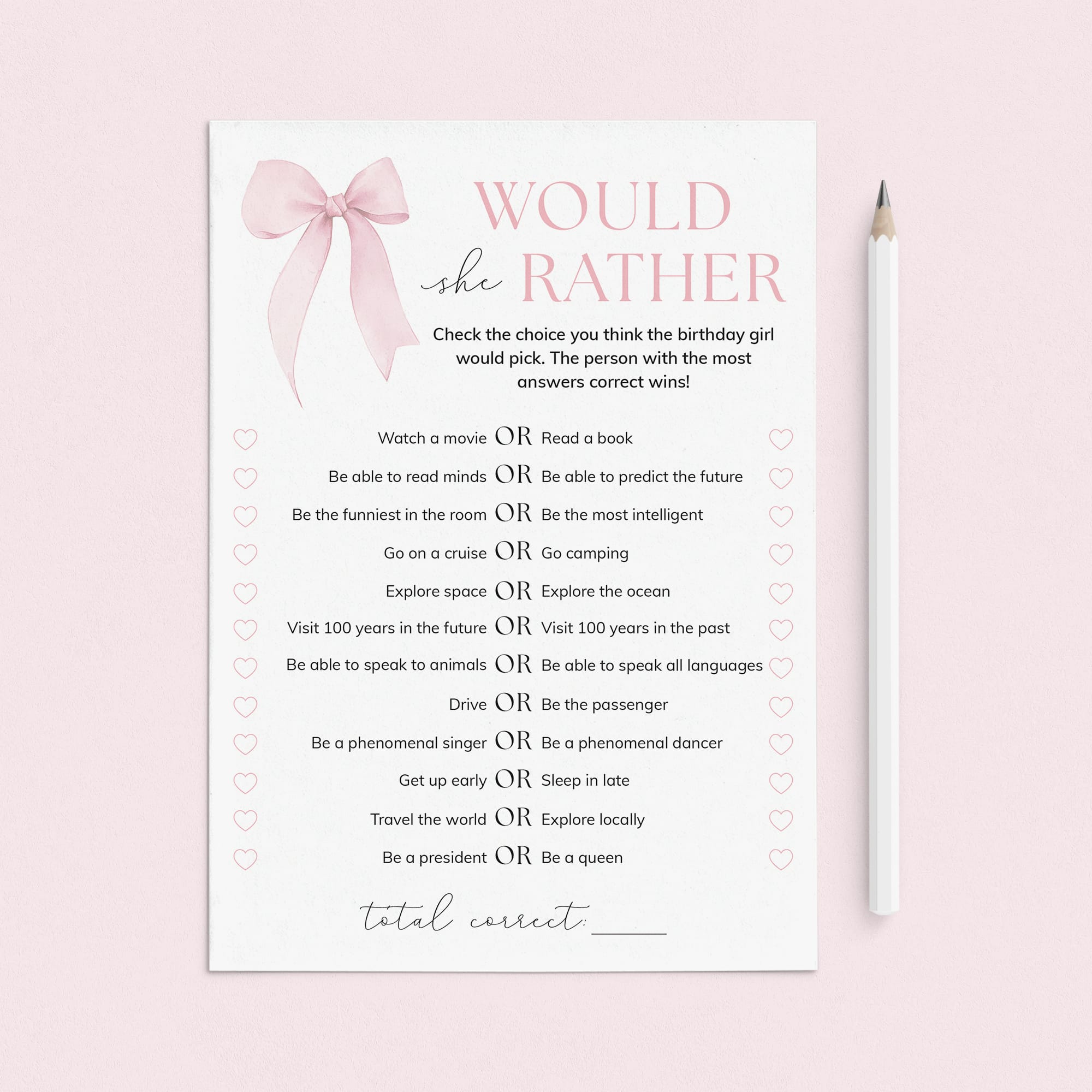 Would She Rather Printable Bow Birthday Party Game by LittleSizzle