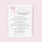 Would She Rather Printable Bow Birthday Party Game by LittleSizzle