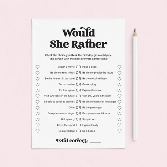 Would She Rather Questions Birthday Party Game Printable by LittleSizzle