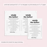 Would She Rather Questions Birthday Party Game Printable
