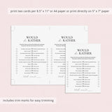 Printable Would She Rather Birthday Game for Teen Girl