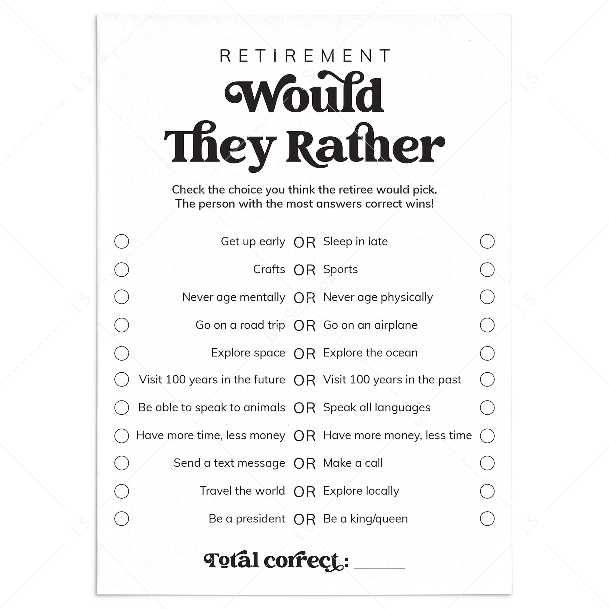 Retirement Would They Rather Questions Printable by LittleSizzle