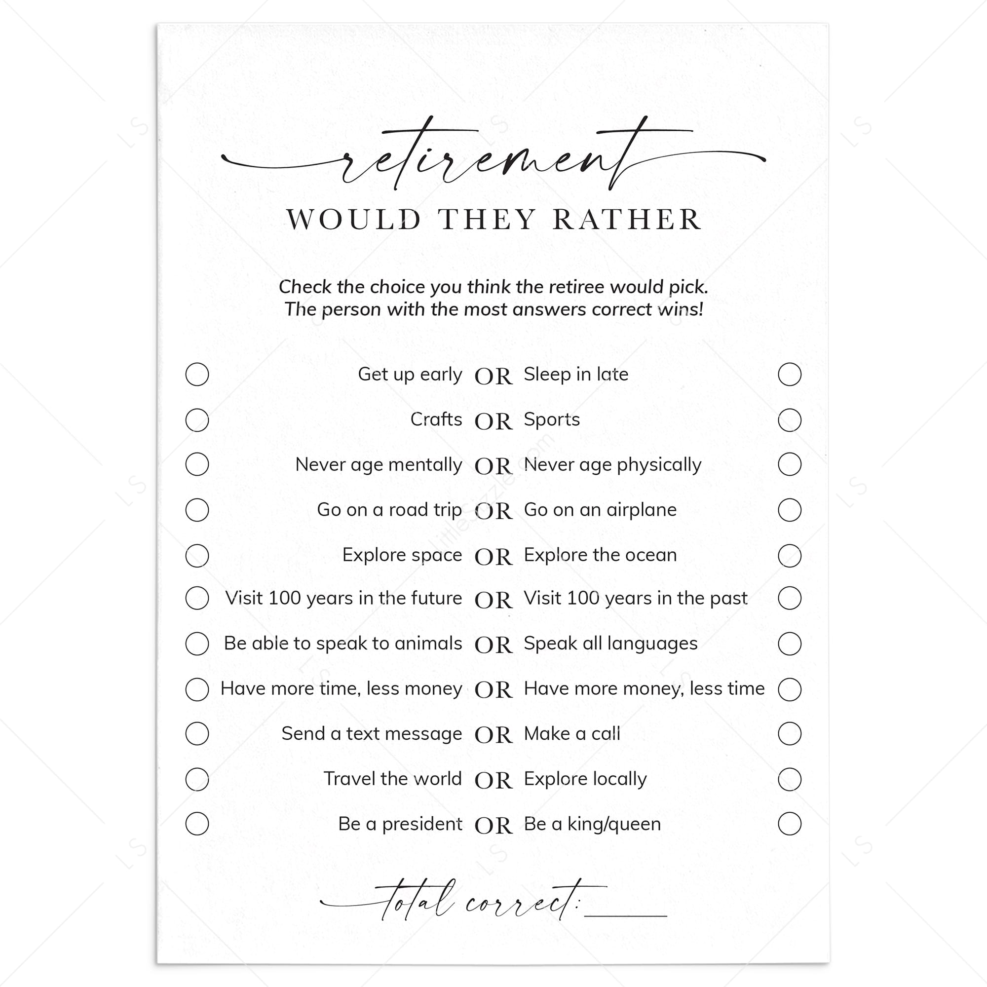 Would The Retiree Rather Printable Retirement Party Games by LittleSizzle
