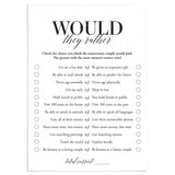 Fun Anniversary Party Game Would They Rather Printable by LittleSizzle