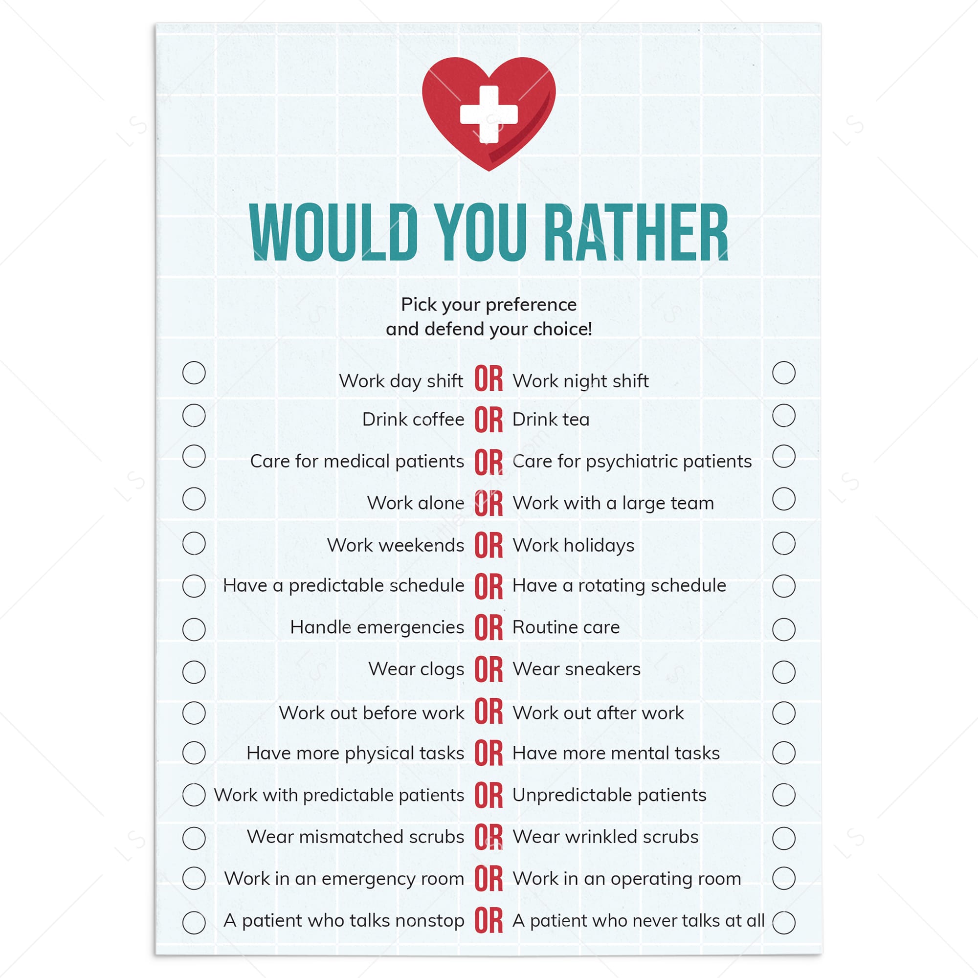 Printable Nurse Would You Rather Game This or That by LittleSizzle