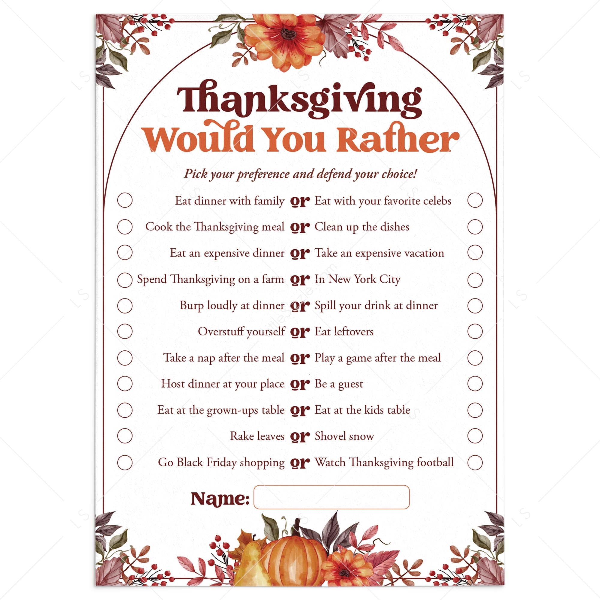 Thanksgiving Would You Rather This or That Game Questions Printable by LittleSizzle
