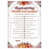 Thanksgiving Would You Rather This or That Game Questions Printable by LittleSizzle
