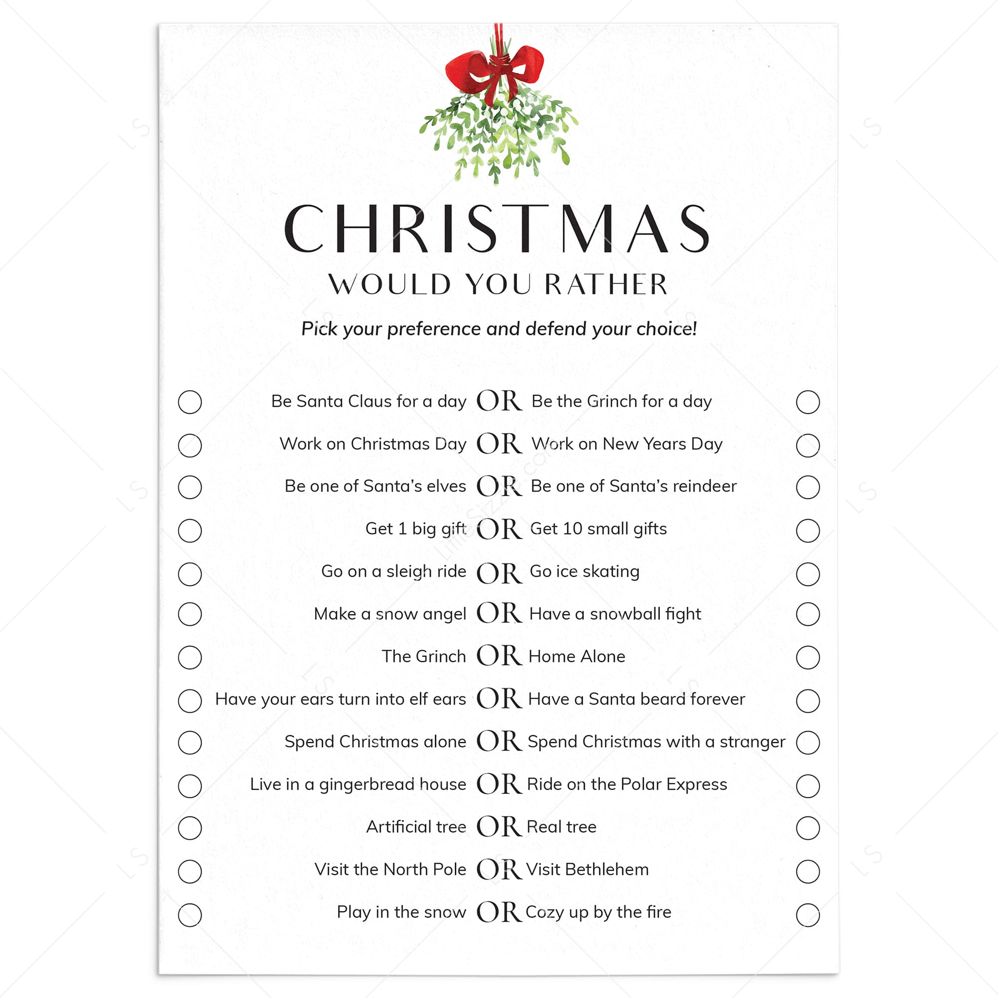 Christmas Would You Rather Questions Printable by LittleSizzle