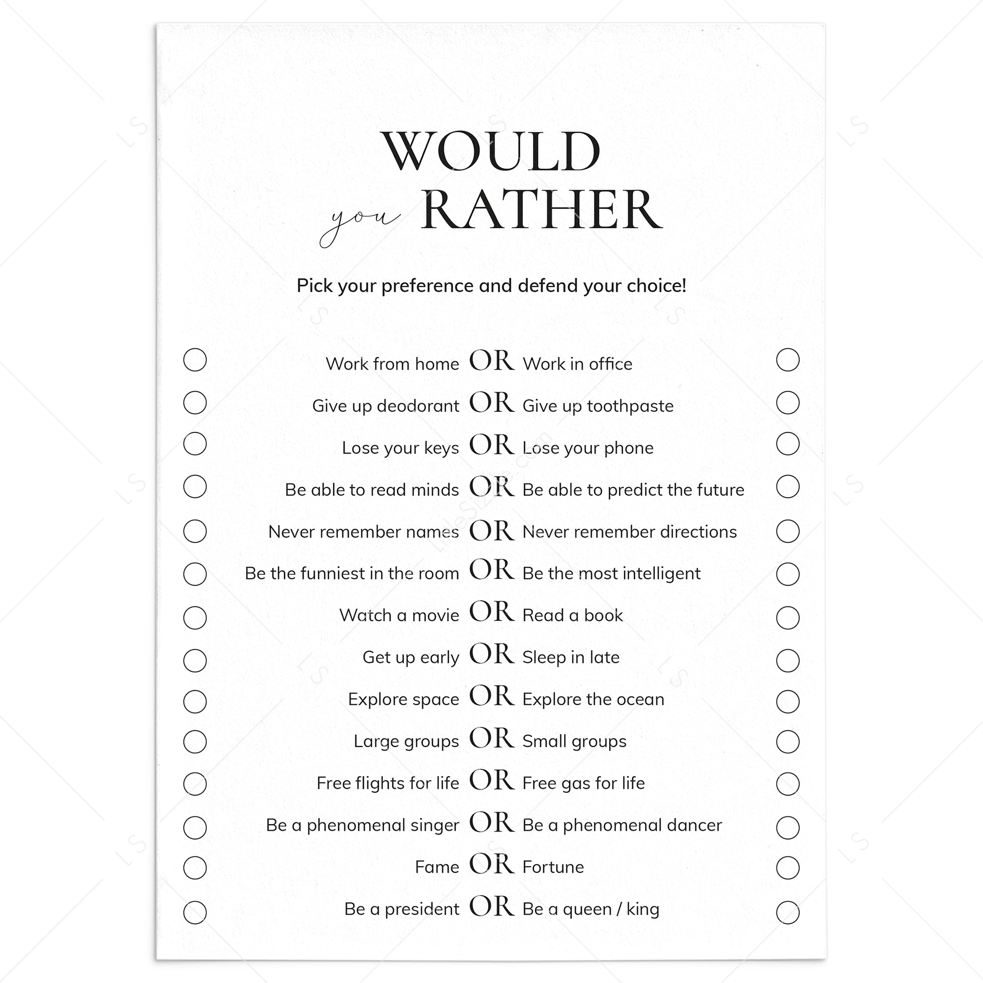 Would You Rather Questions for Work Printable by LittleSizzle