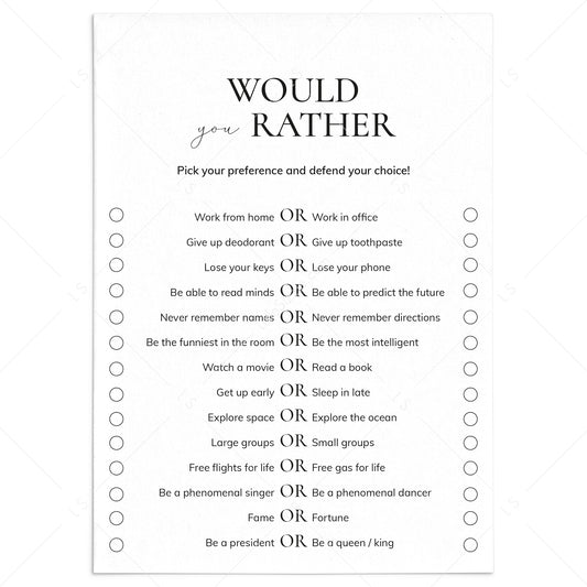 Would You Rather Questions for Work Printable by LittleSizzle