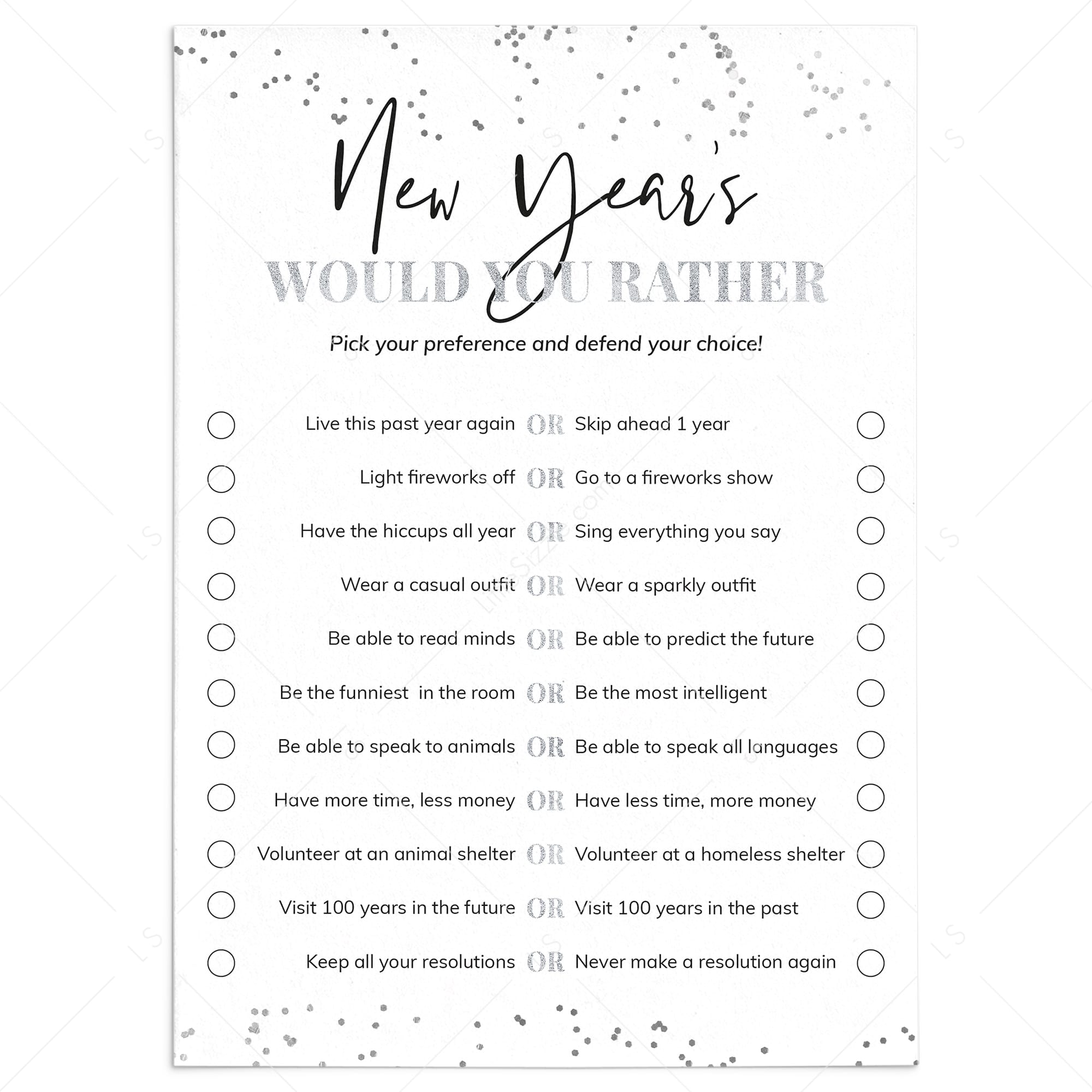 New Year's Would You Rather Questions Printable Instant Download