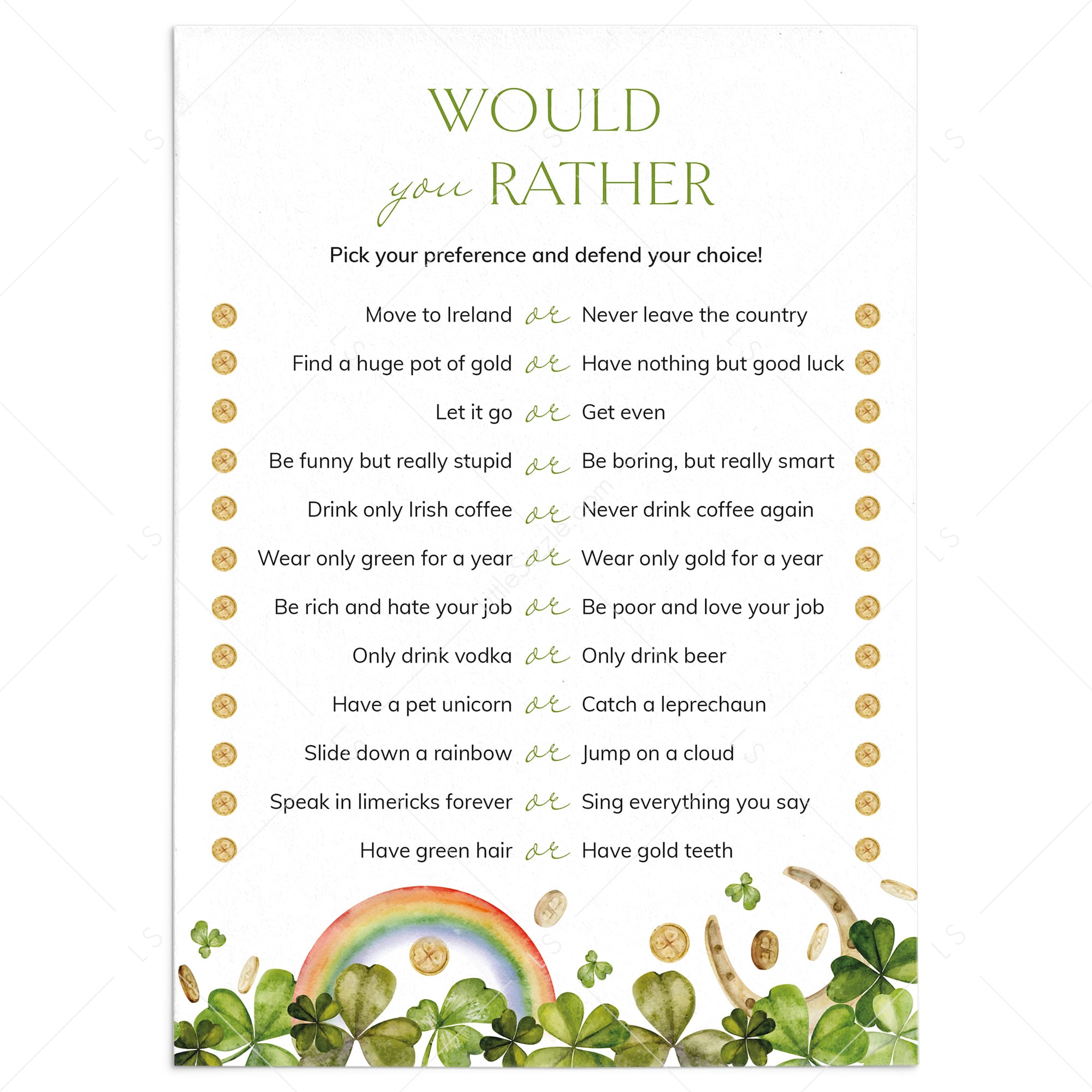 Would You Rather Questions for St Patricks Day Printable by LittleSizzle