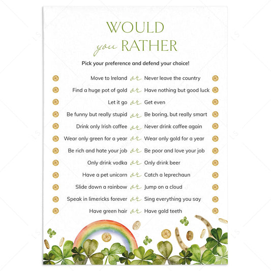 Would You Rather Questions for St Patricks Day Printable by LittleSizzle