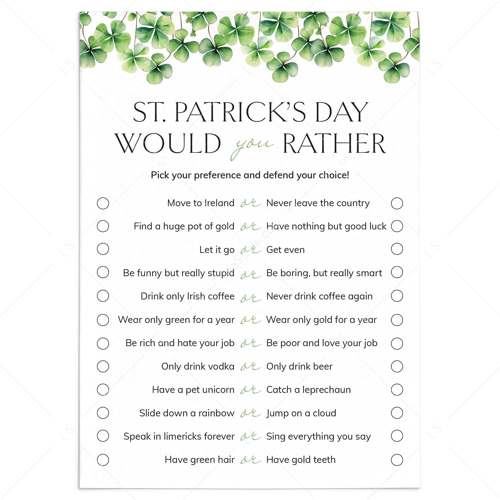 St. Patrick's Day Game Printable Would You Rather by LittleSizzle