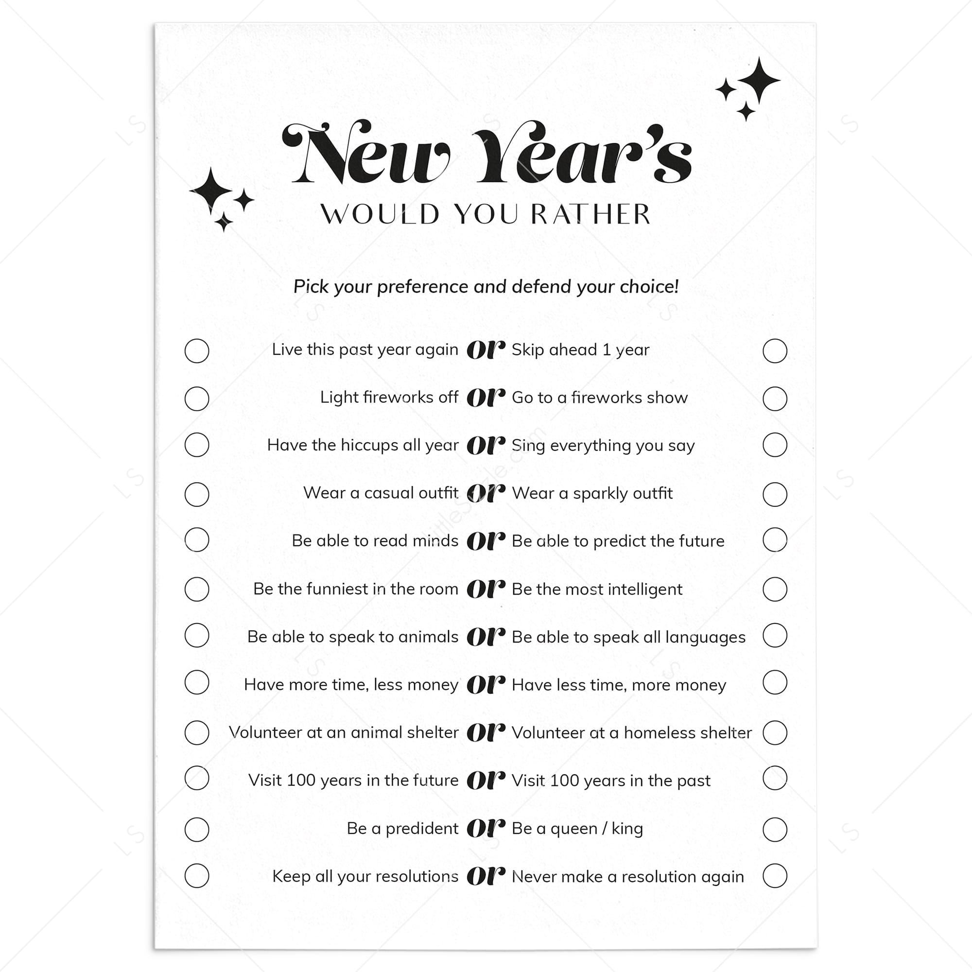 New Year's Eve Would You Rather Questions Printable by LittleSizzle