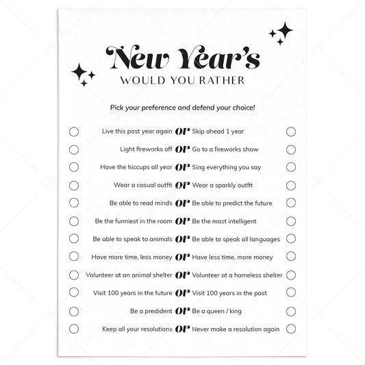 New Year's Eve Would You Rather Questions Printable by LittleSizzle