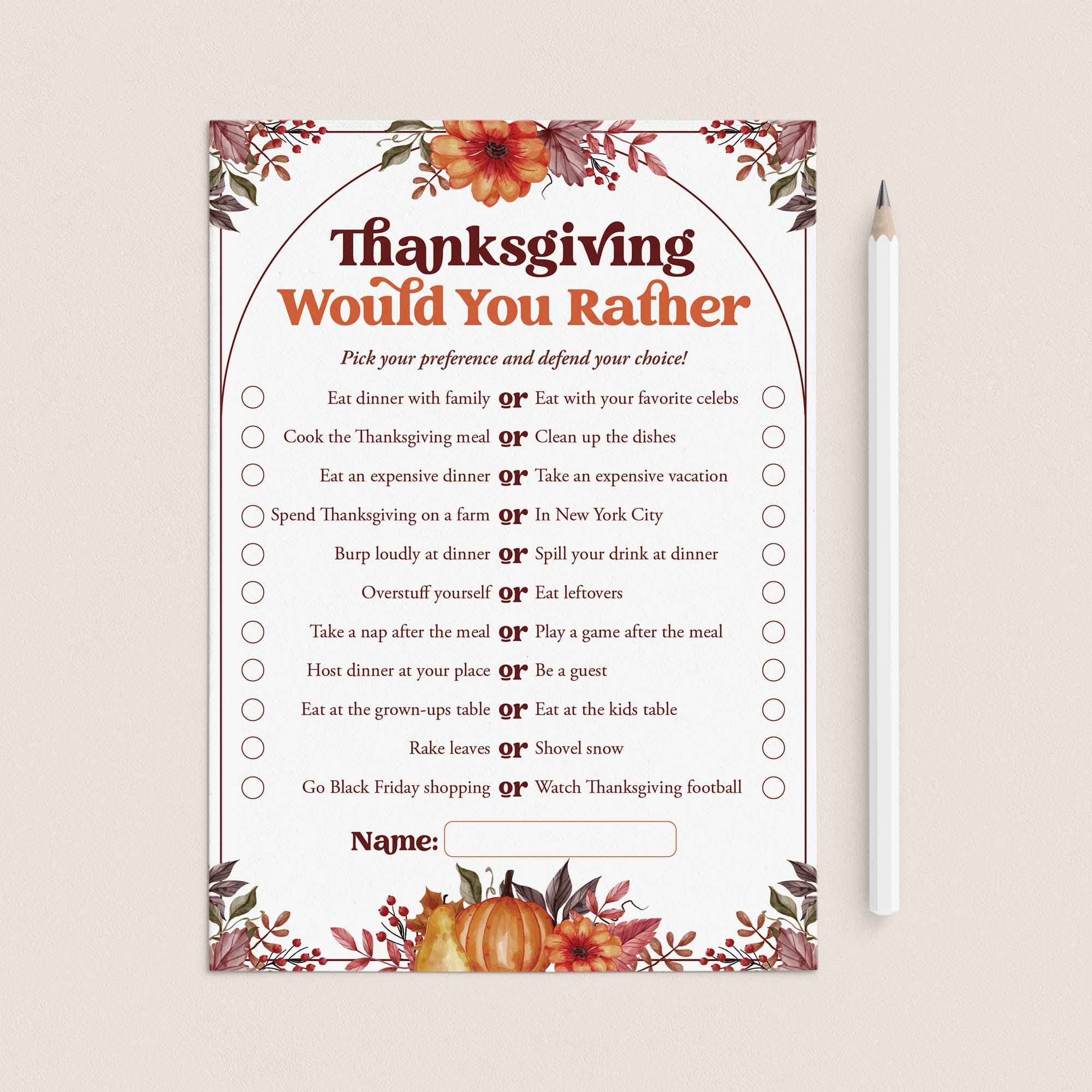 Thanksgiving Would You Rather This or That Game Questions Printable by LittleSizzle